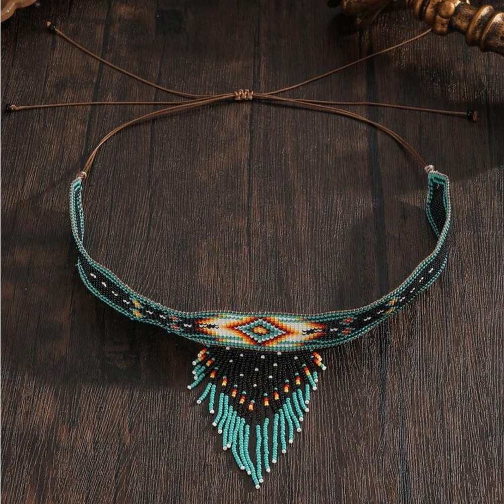 Handmade Beaded Fringe Choker Necklace - Turquoise & Black